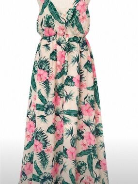Tropical Floral Maxi Dress Pink Palm Smocked Back XL Coastal Romantic Vacation
